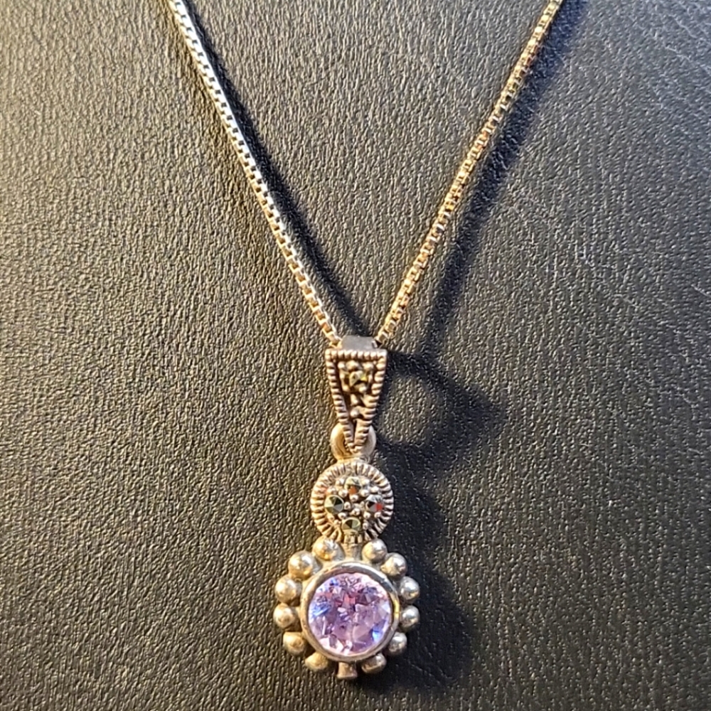 SOLD P18. Marcasite & CZ Art Deco Inspired 925 Sterling Silver Necklace byCW 18"